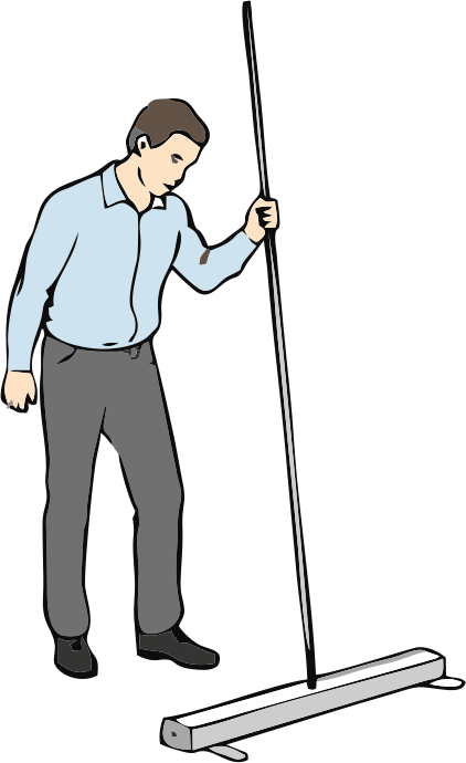 2. solis. Roll-up stenda statīva uzstādīšana: stieņa salikšana un ievietošana pamatnē.