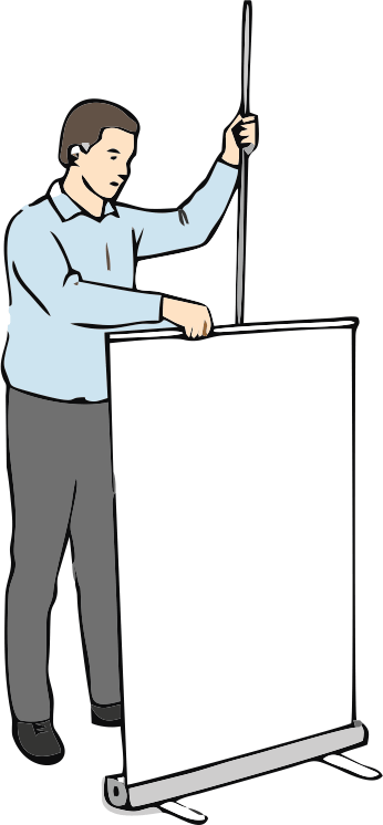 4. solis. Roll-up banera sagatavošana: uzmanīga banera izvilkšana uz augšu no korpusa.