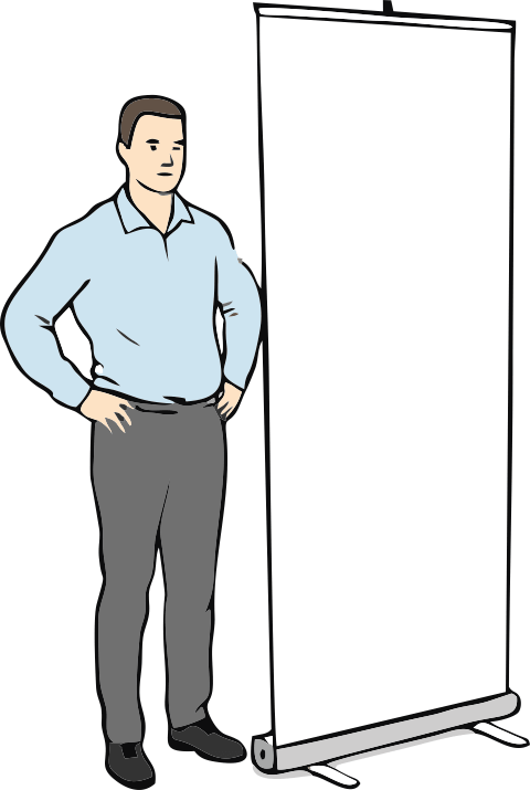 6. solis. Pilnībā salikts un lietošanai gatavs roll-up stends.